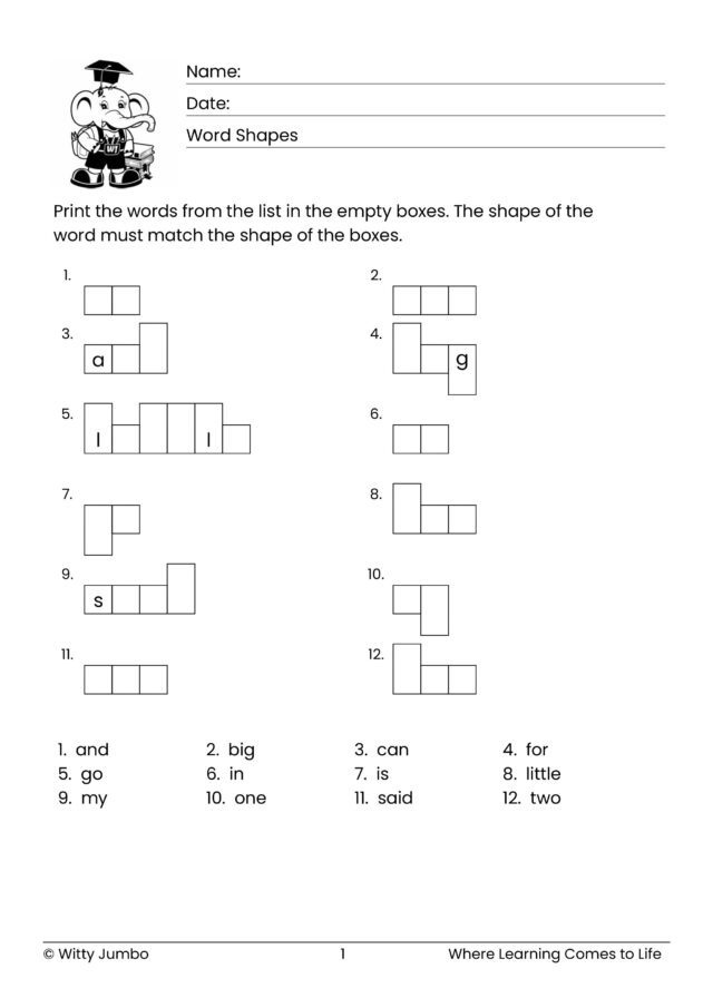 Pre-Primer Sight Word Shapes with 25% Clues – Dolch Word List for Preschool & Kindergarten