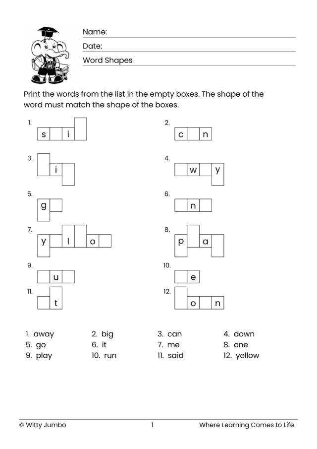 Pre-Primer Sight Word Shapes with 50% Clues – Dolch Word List for Preschool & Kindergarten