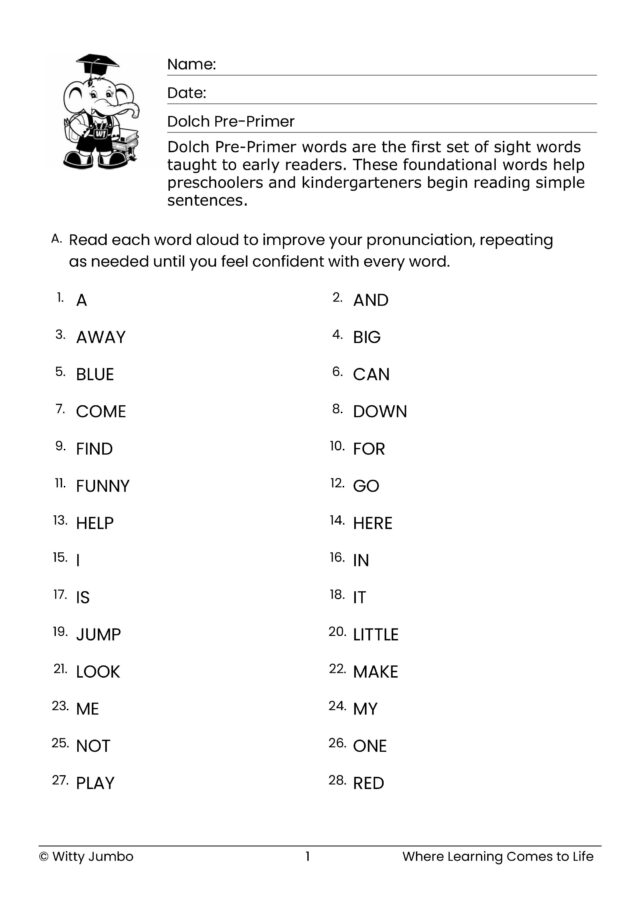Pre-Primer Sight Word Worksheets – Dolch Word List for Preschool & Kindergarten