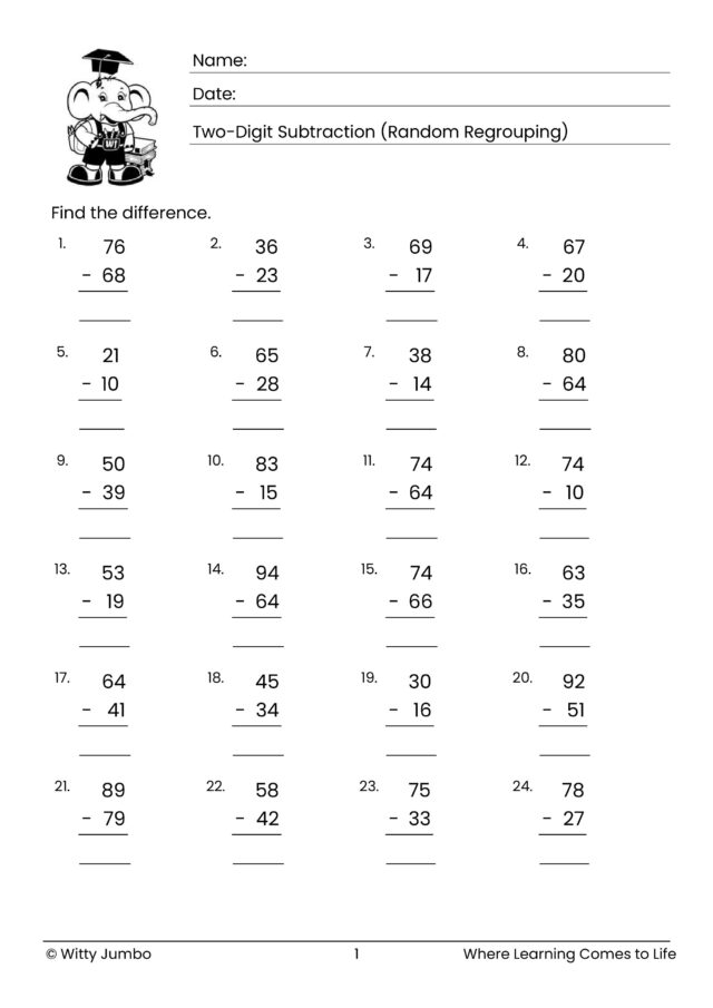 2-Digit Subtraction Worksheet (Random Regrouping) – Vertical Format