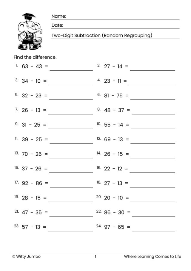 2-Digit Subtraction Worksheet (Random Regrouping) – Horizontal Format