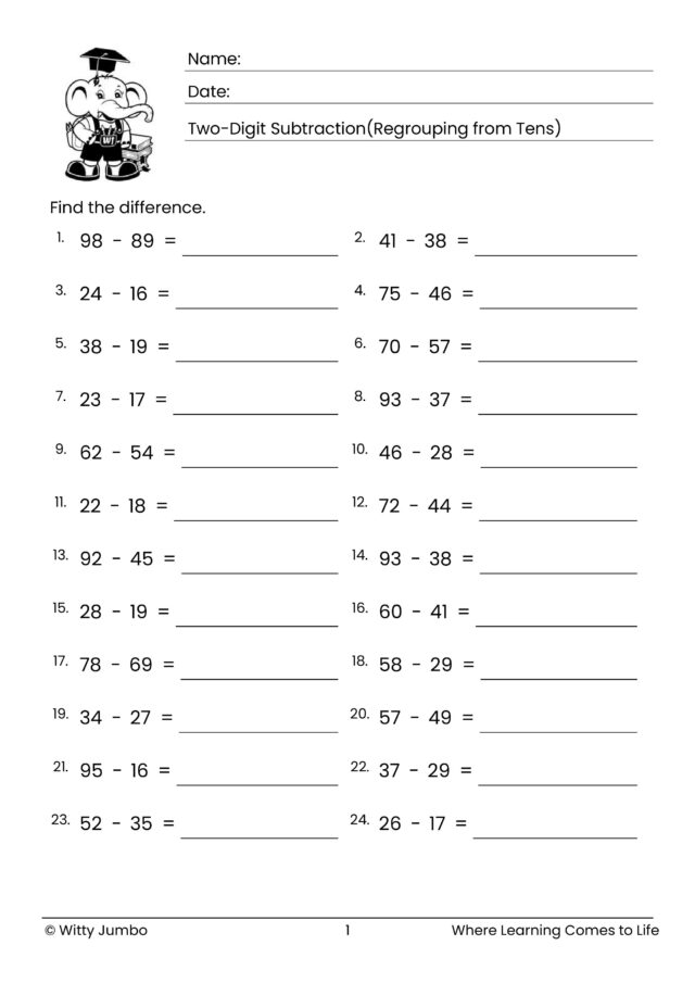2-Digit Subtraction Worksheet (Regrouping from Tens)  – Horizontal Format