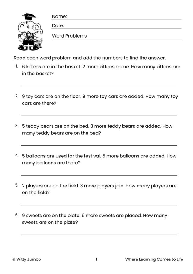Addition Word Problems (Numerals 1–9)
