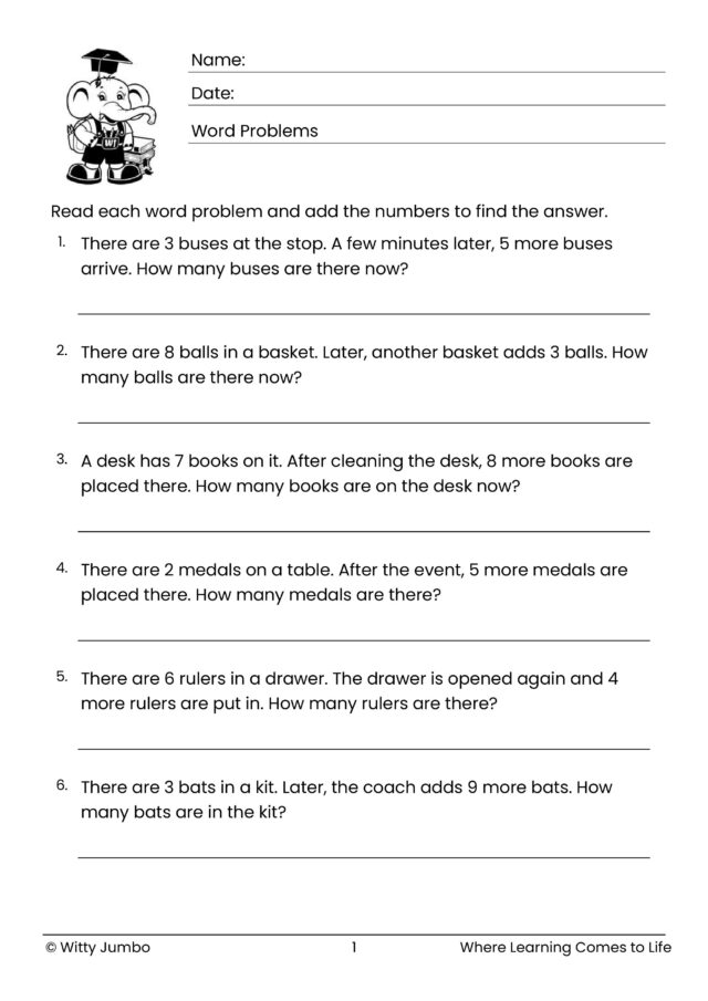 Addition Word Problems (Numerals 1–9) Pack 2