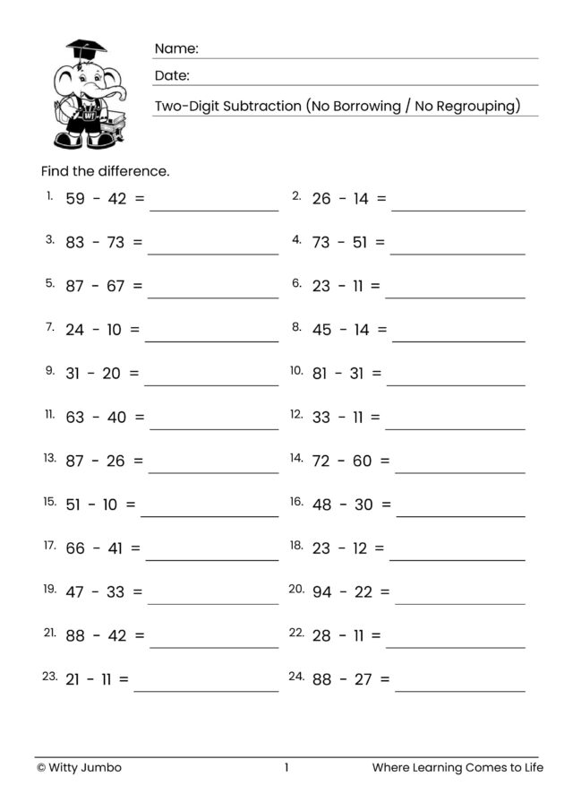 2-Digit Subtraction Worksheet (No Borrowing / No Regrouping) – Horizontal Format