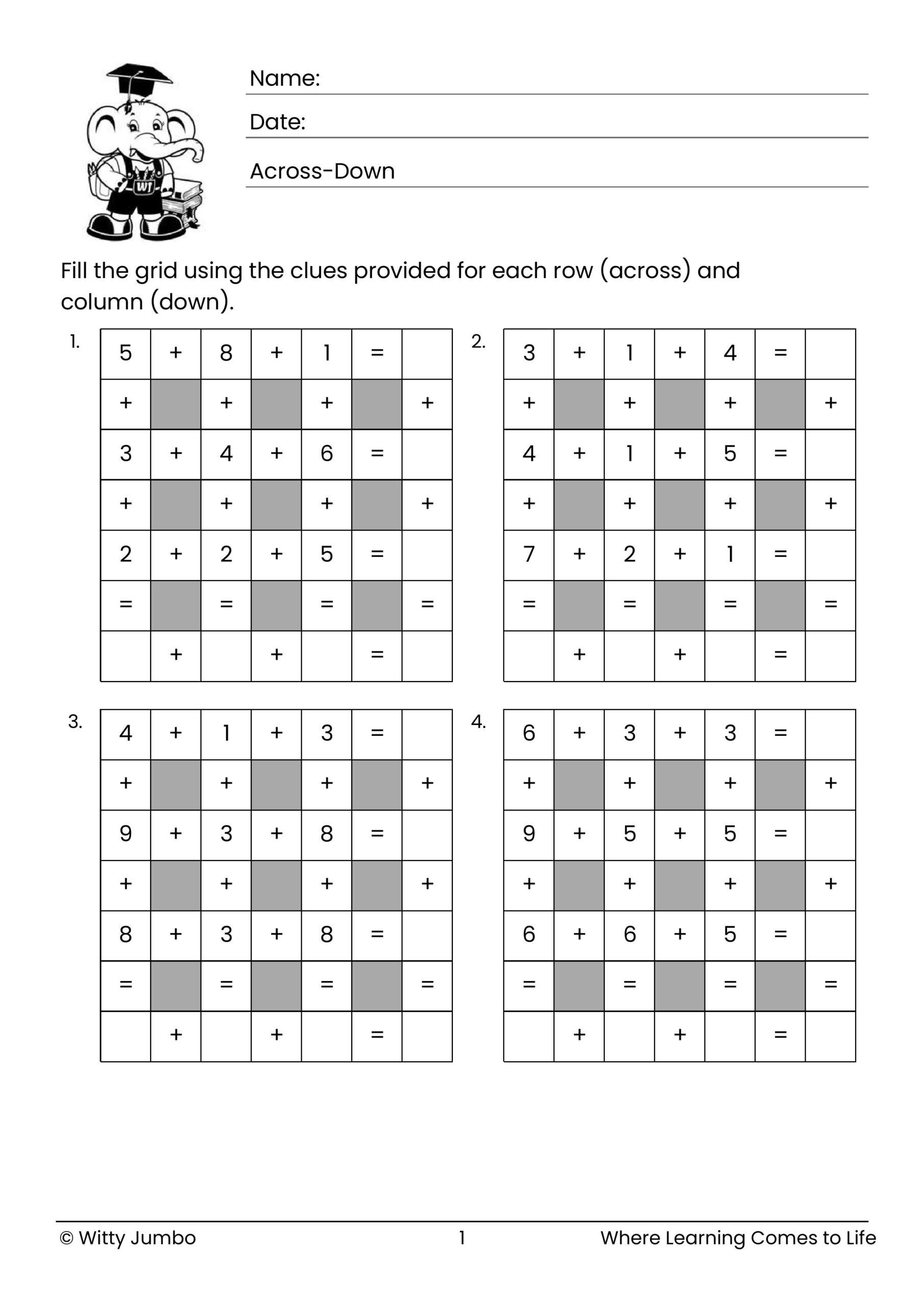 1-Digit Across & Down Addition Worksheet