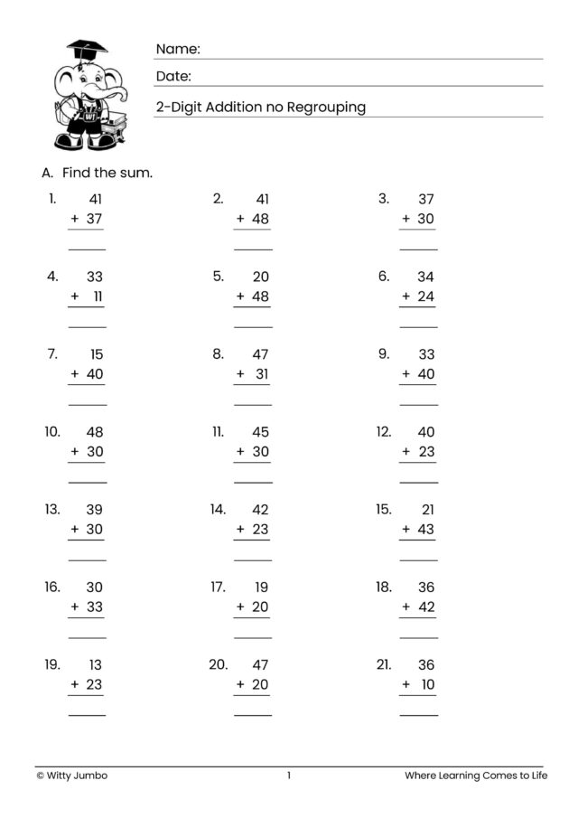 2-Digit Addition No Regrouping Range (10 – 50) Horizontal Orientation with missing addend 1