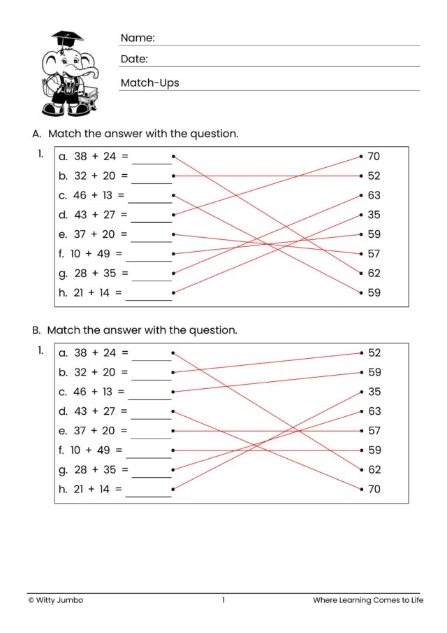 2-Digit Addition Match Ups Addends 10 – 50